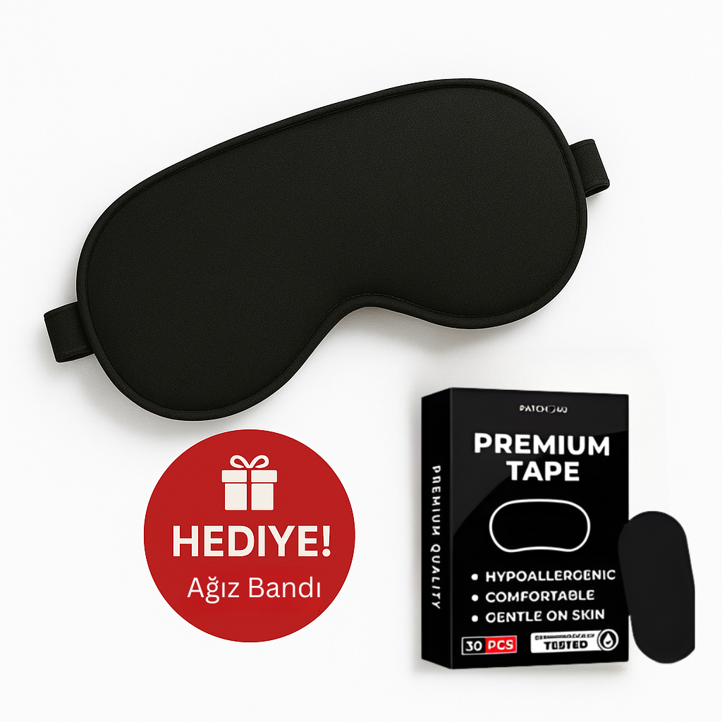 Premium Siyah Göz Bandı + Hediye Ağız Bandı | Derin Uyku Seti